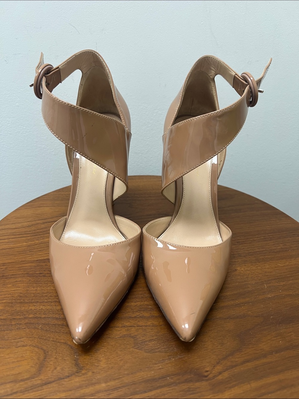 Gianvito Rossi Nude Patent Leather Pointed-Toe Ankle Strap Heels